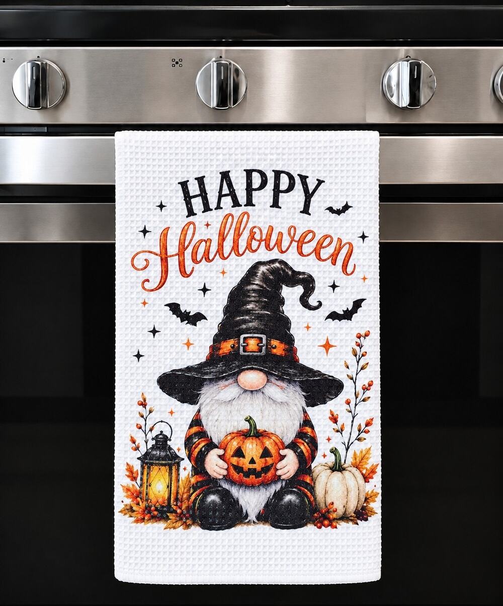 Happy Halloween Gnome Kitchen Towel Witch Pumpkin Fall Decor